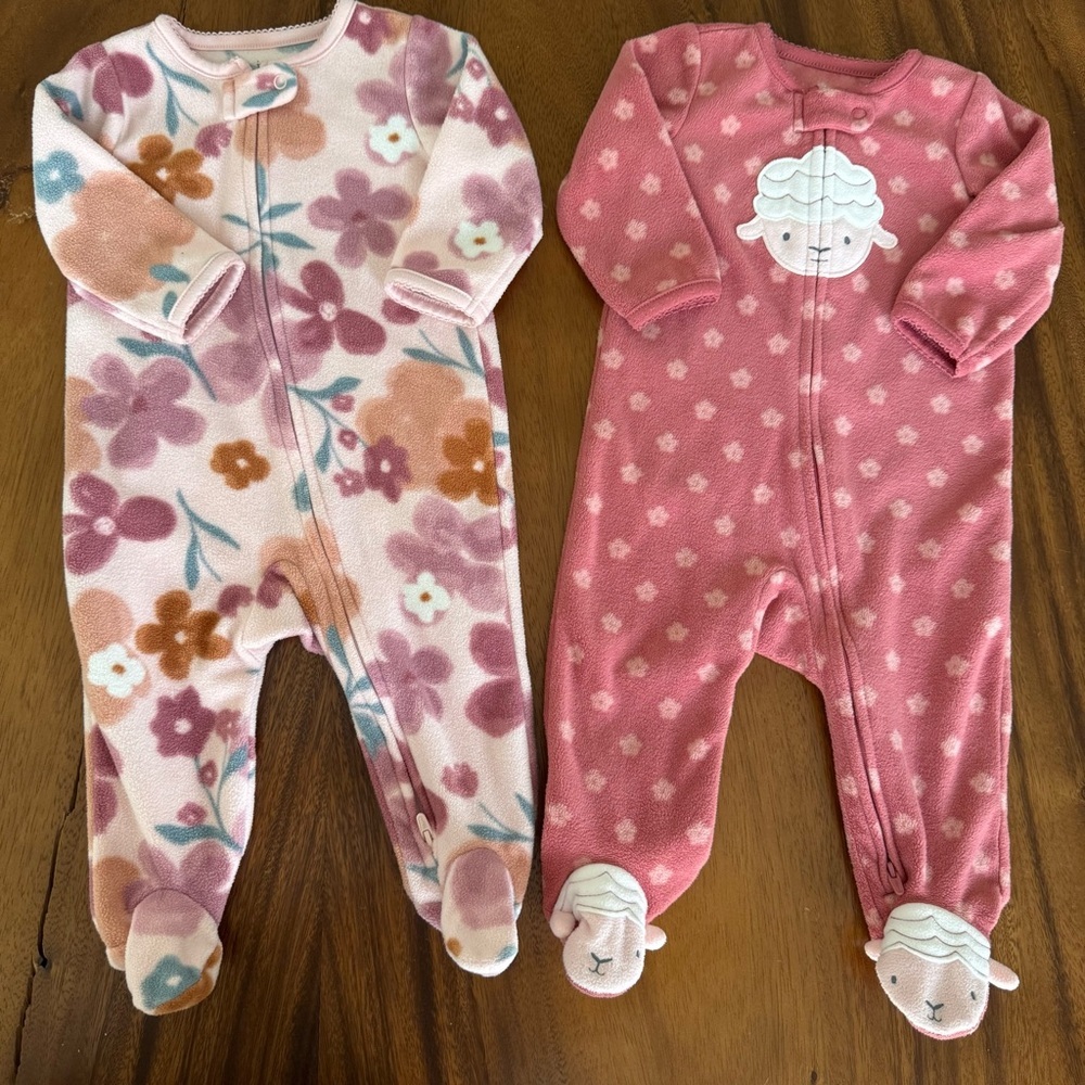 Carter’s Floral and Sheep Design Fleece Footed One Piece Pajamas Set of 2 6M